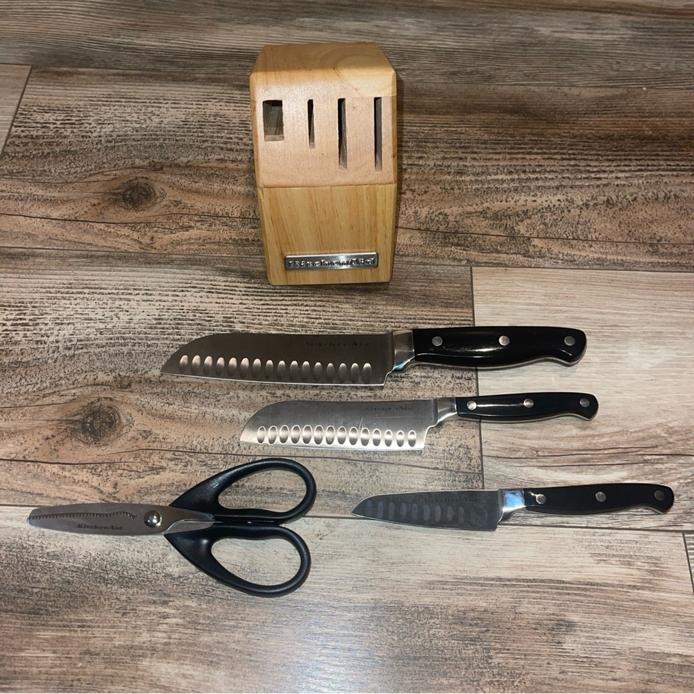 KitchenAid 4 Piece Knife Kitchen Scissors Block Set Black Silver Handles Compact